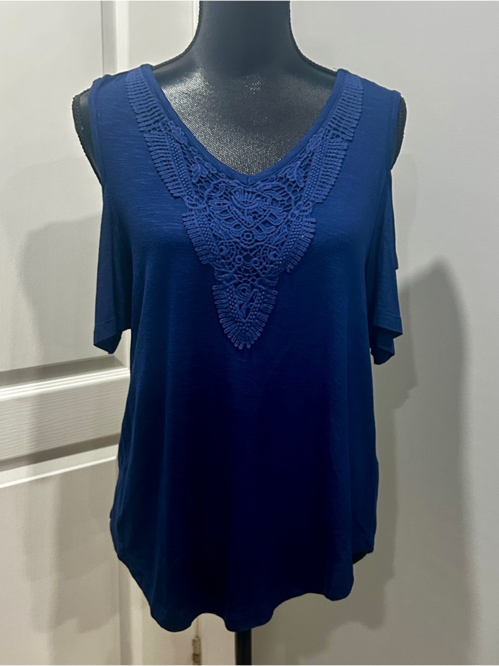 NEW! Cleo Navy Cold-Shoulder V-Neck Top with Crochet Inset
